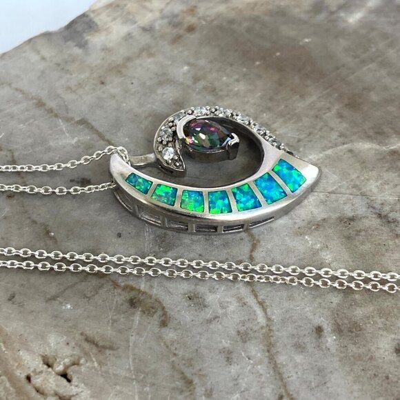 Sterling Silver 925 5☆ Mystic Quartz & Blue Gilson Opal Pendant Necklace 18" - Picture 12 of 16